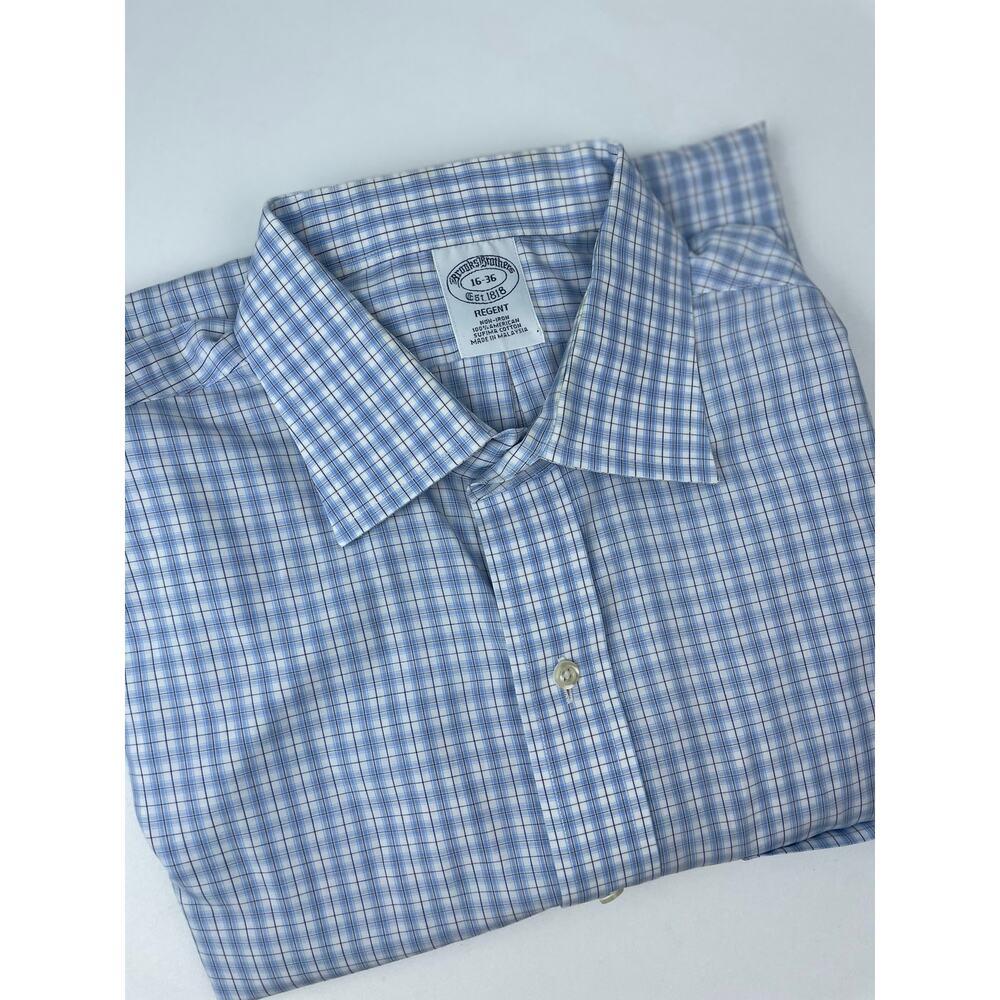 Brooks Brothers Regent Dress Shirt Men’s 16-36 Blue/Brown Plaid Supima Cotton
